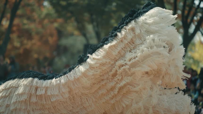 A costumed figure dances outdoors