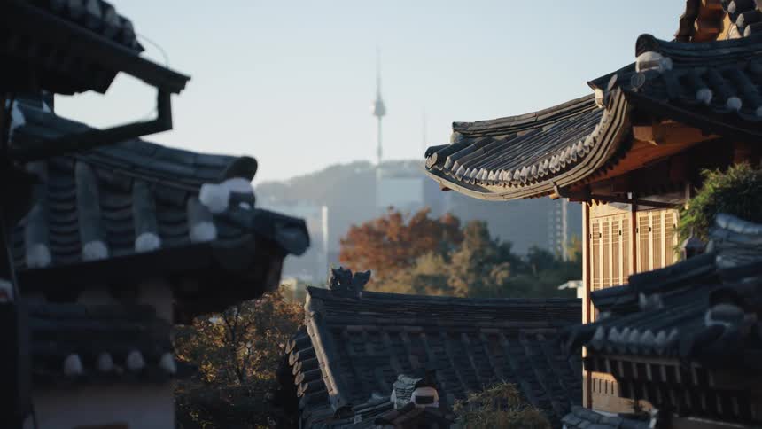 Curved and ornate asian rooftops with a hill on the horizon with spires