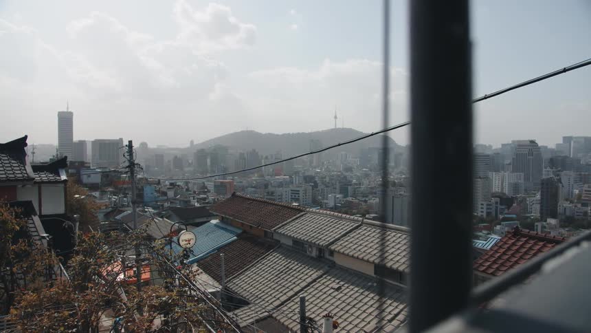A series of building roofs can be seen within a neighborhood near to a large urban area