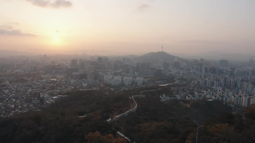 A large city skyline surrounded by forests and suburbs