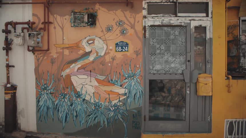 There is artwork on the side of the building