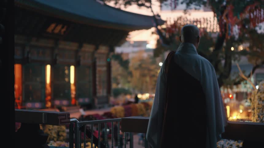 A monk standing on a balcony looking out over the courtyard of a temple