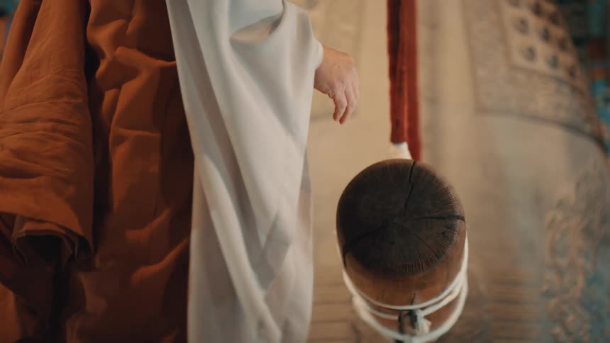 A person pushes a large log forward to hit a gong