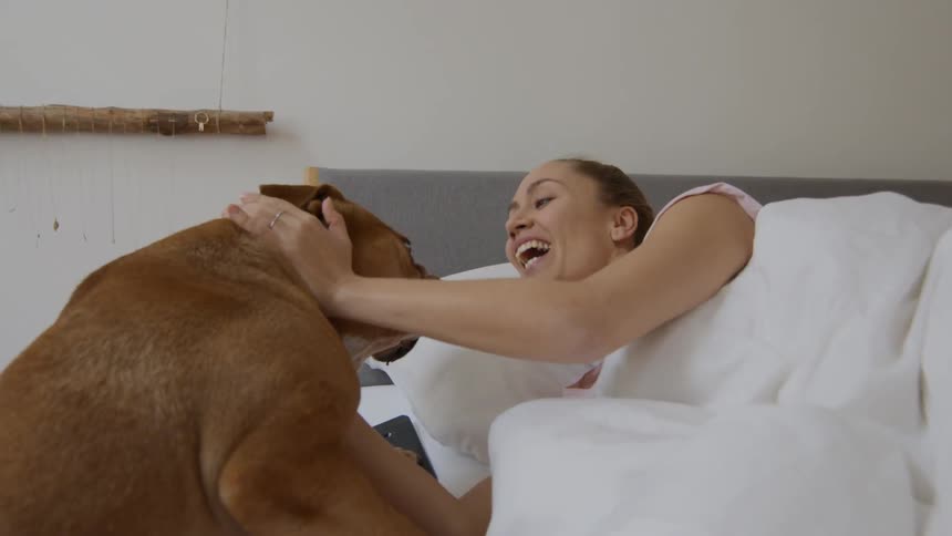 A woman smiles as her dogs wakes her up in bed