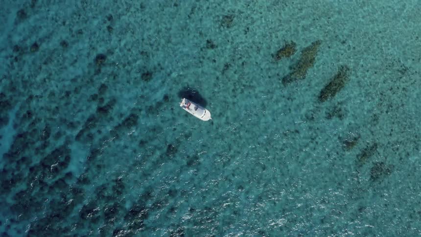 Boat travels through translucent blue water