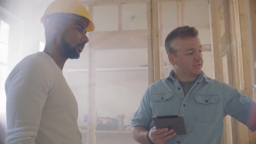 Man discusses construction with hardhat wearing construction worker
