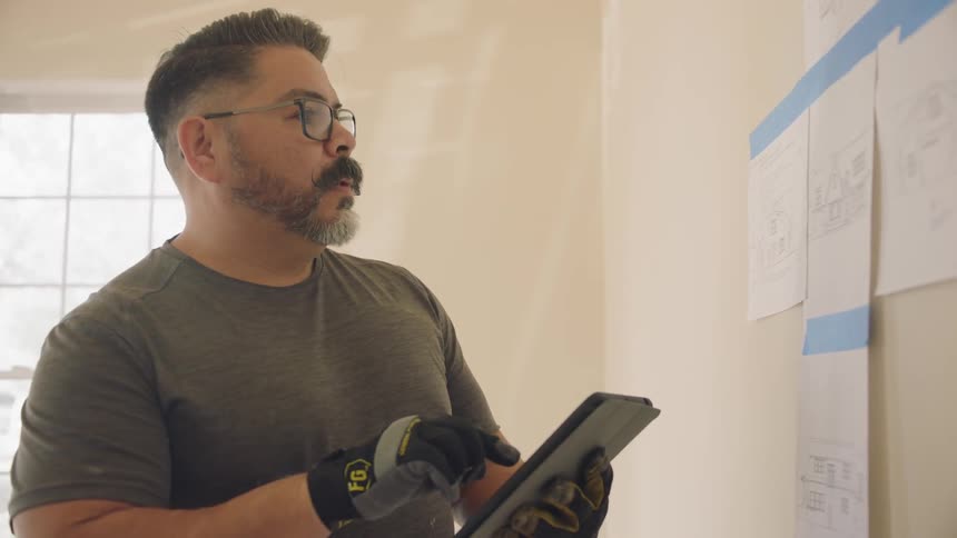 A man with gloves and a tablet taking pictures of papers on the wall