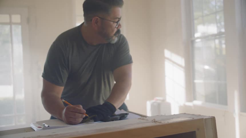 Man makes notes related to home construction