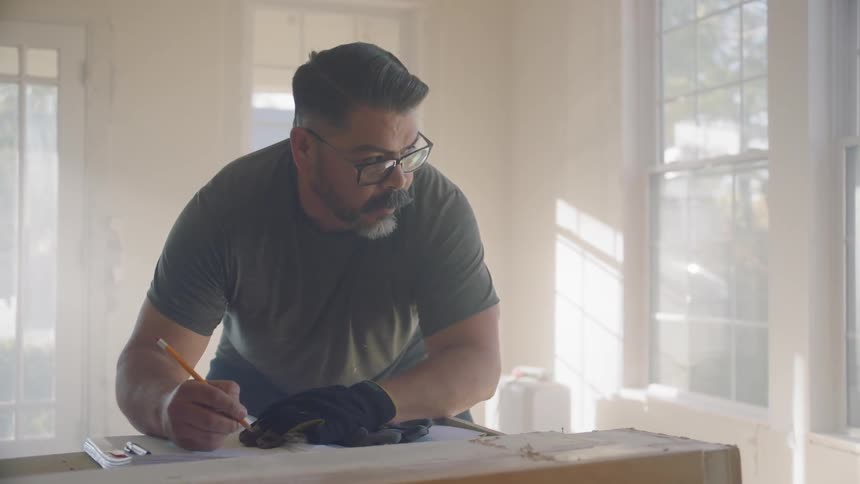 A man is leaning over the table writing