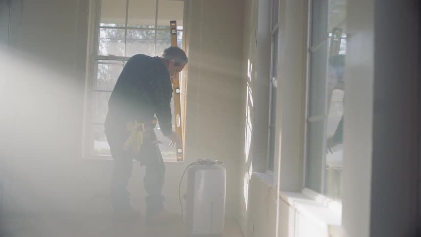 A construction worker uses a long level to mark a window frame