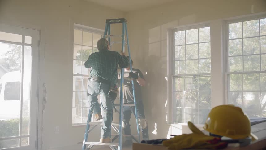 Two men move a ladder to the corner of the room and one man climbs up to the ceiling