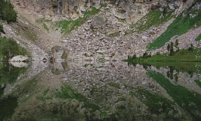 A lake close to a cliff with trees in the background