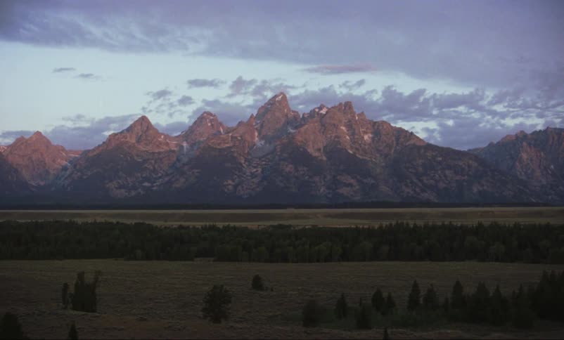 Landscape view of a field in front of the mountains