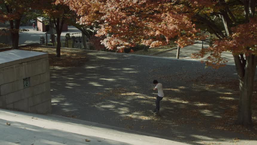 A male skateboards on a fall day