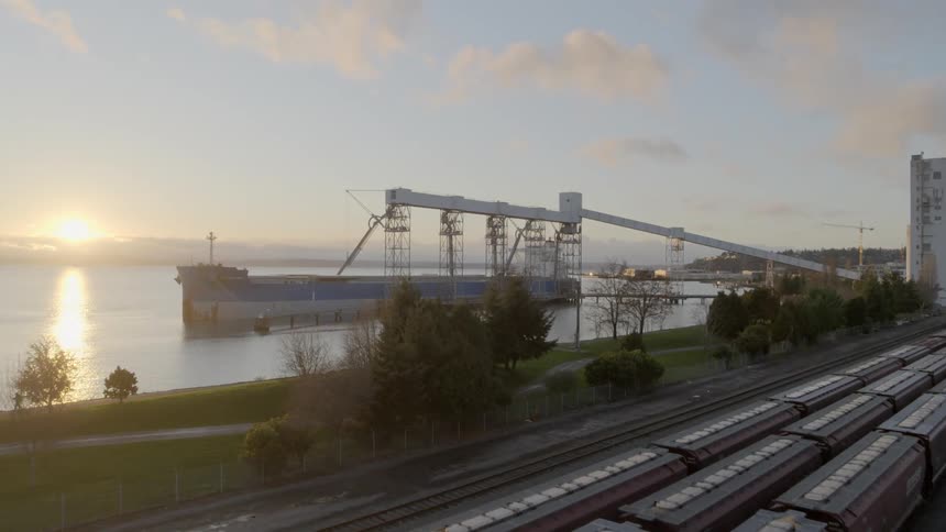 Reveal of massive cargo ship at port from behind freight trains