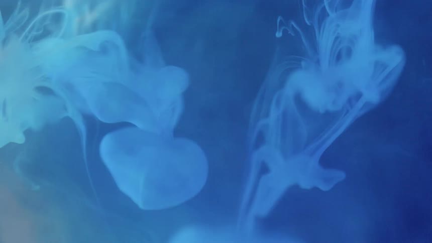 Drops of blue liquid drop into a more viscous fluid and slowly swirls and descends