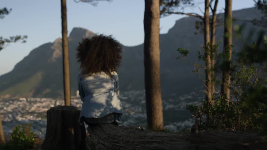 A woman with brown hair sits on a log and looks at some mountains