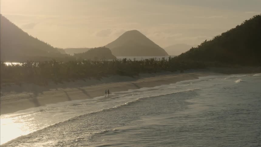 A couple of people walk along a sandy beach as ocean waves sweep up upon it