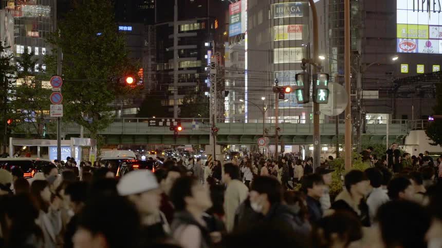 Crowds of people move around the downtown part of Tokyo