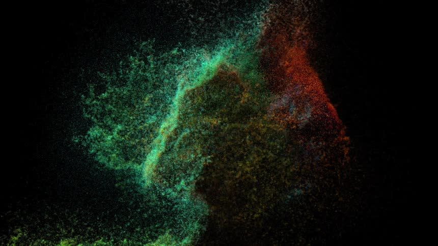 Multi hued particles blend and spread outwards
