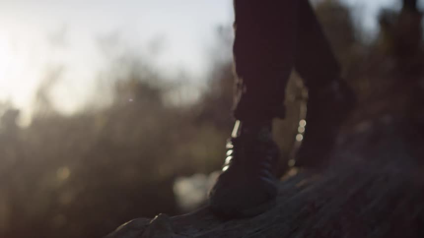 Someone walking and balancing on a fallen log