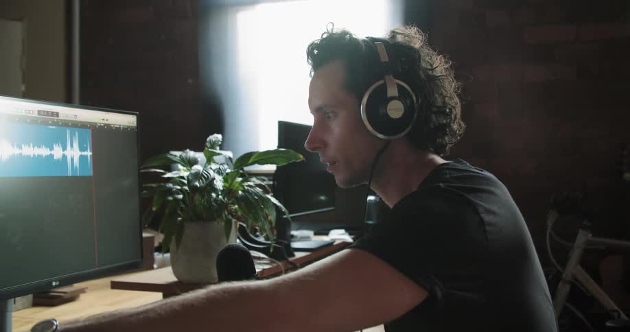 A man places headphones on his head and looks to a computer monitor and computer