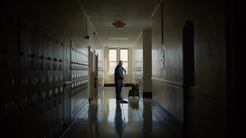 A janitor mops a school hallway