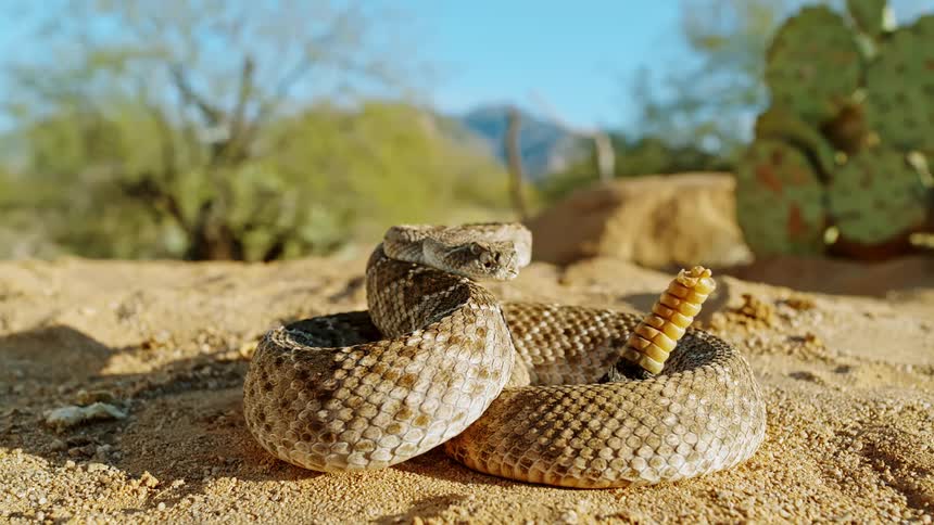 A rattlesnake sits in the desert