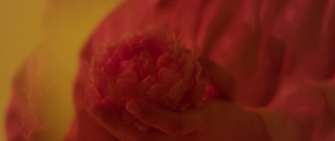 Woman holds flower in hand on yellow room with red light