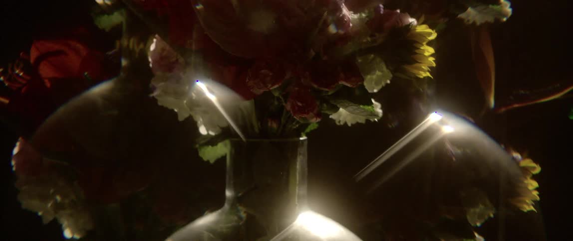 Glass vase with flowers under red strobing lights