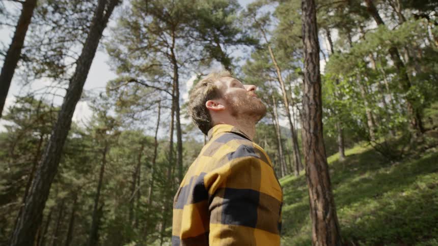 A young man stands in a forest and looks around