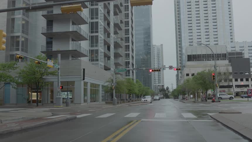 Driving through near empty streets downtown