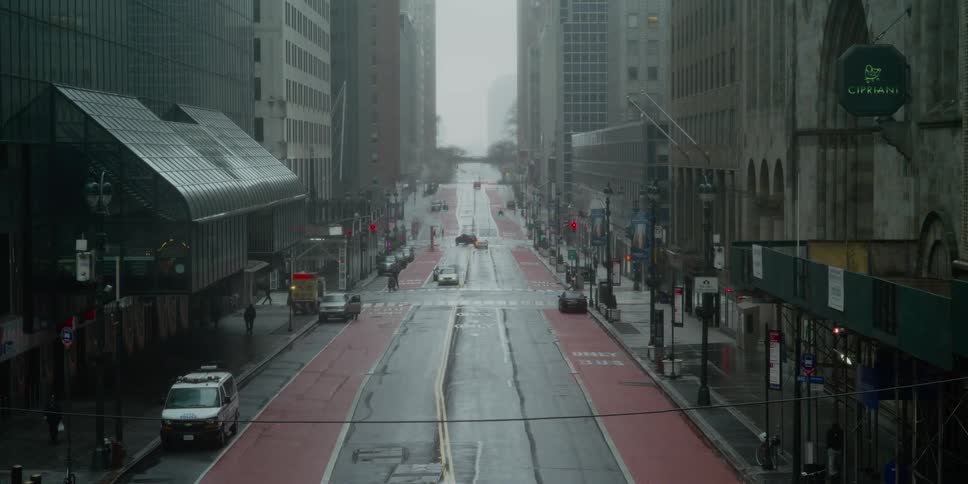 Fog hangs on a downtown street
