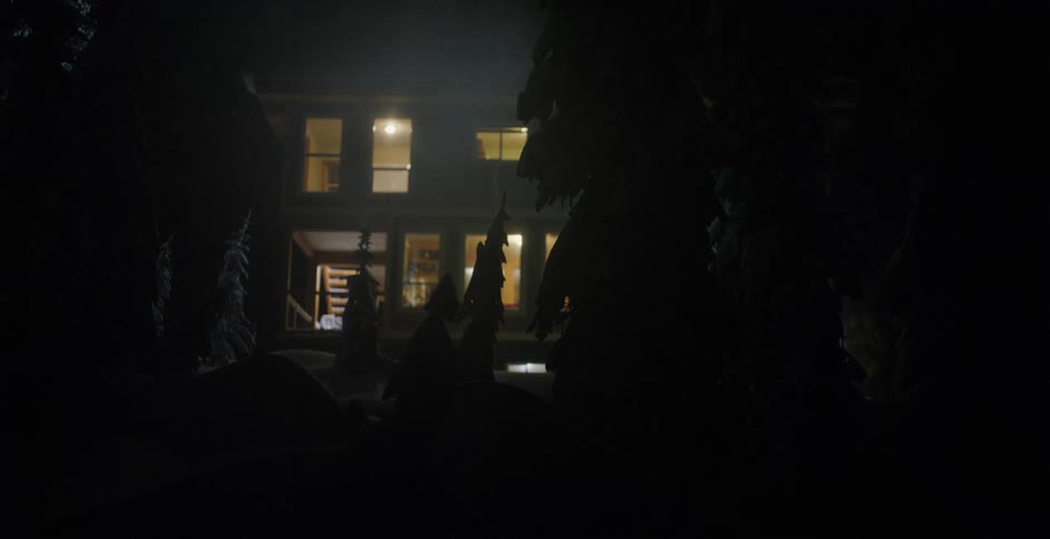 Lights briefly highlight a cabin in winter