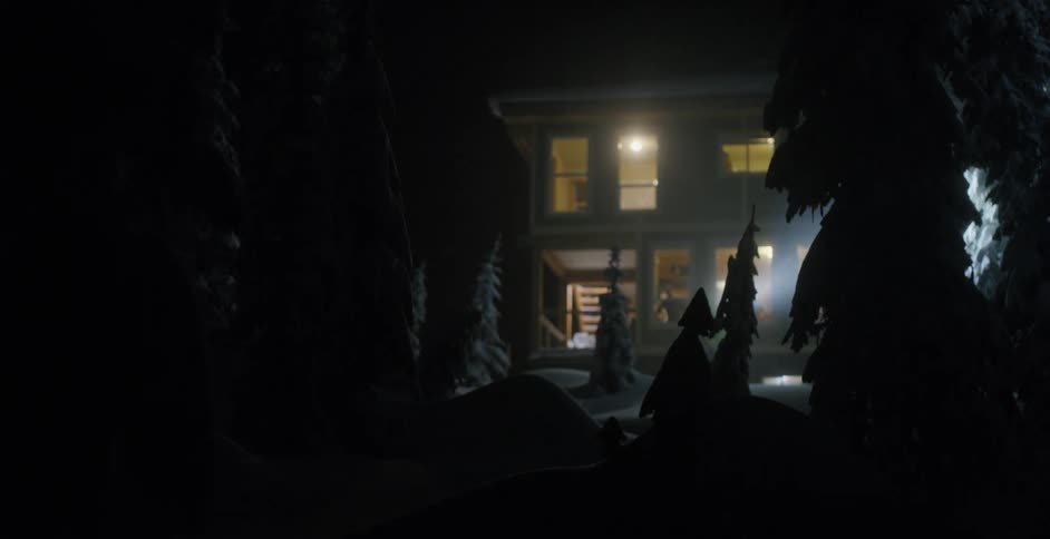 A snowy cabin at night