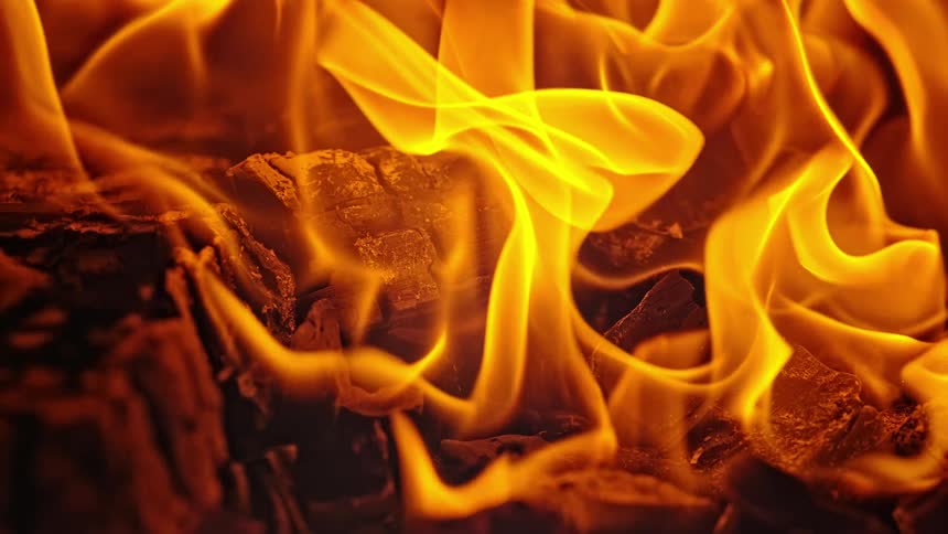Orange flames rise from wood
