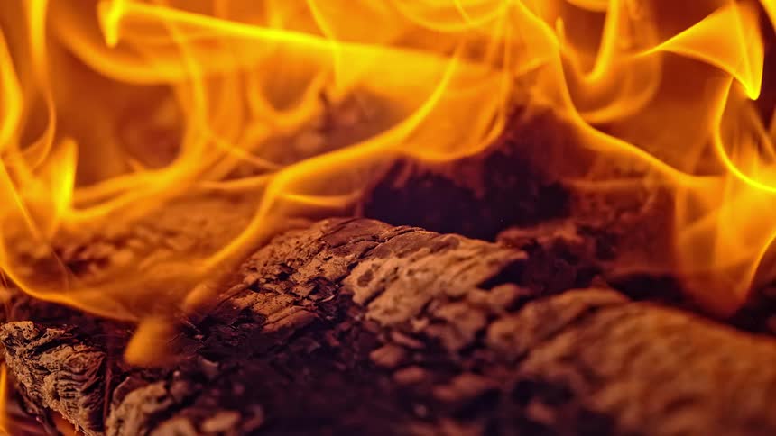 Flames rise from burning wood