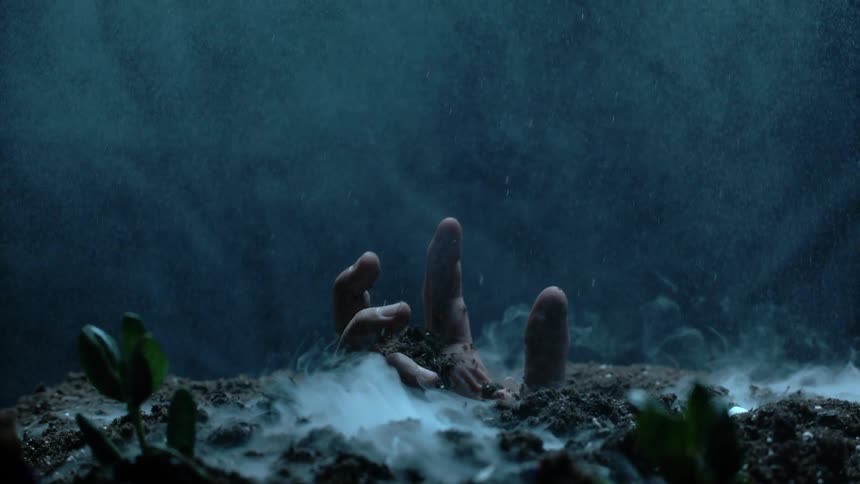 Vapor rises from the earth as a hand emerges from the soil