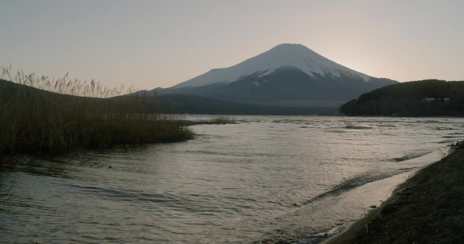 A lake with a mountain in the background
