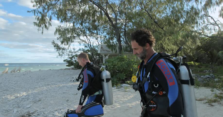 Two men in scuba gear walk toward the water