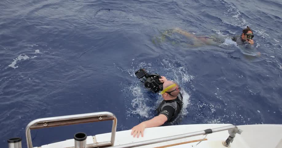 A snorkeler enters the ocean with video equipment