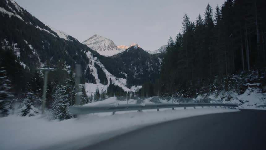 Driving on road through pine forest in front of snow covered mountains