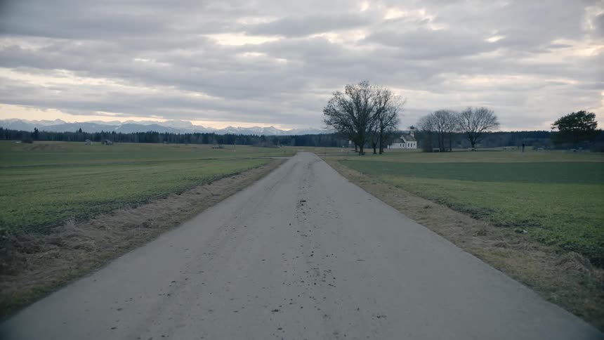 Road leads between fields toward buildings bordering the forest