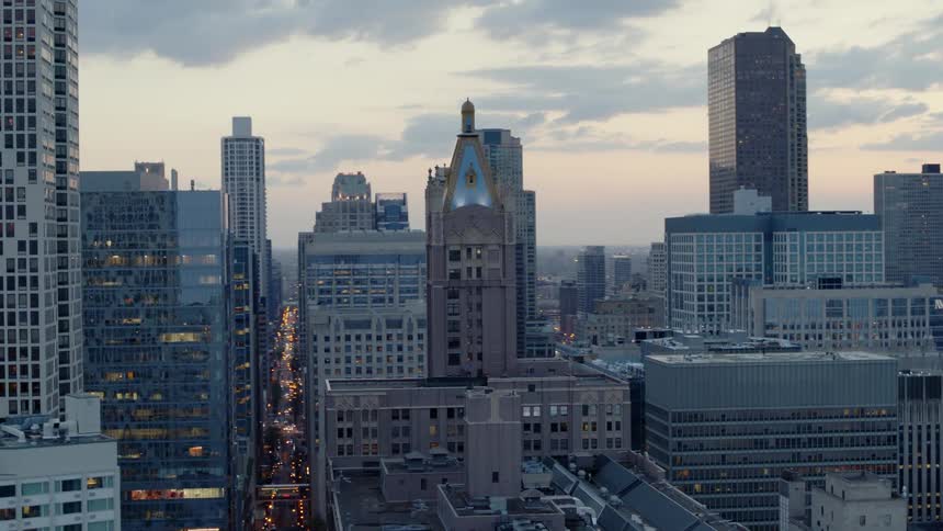 Lit building in Chicago