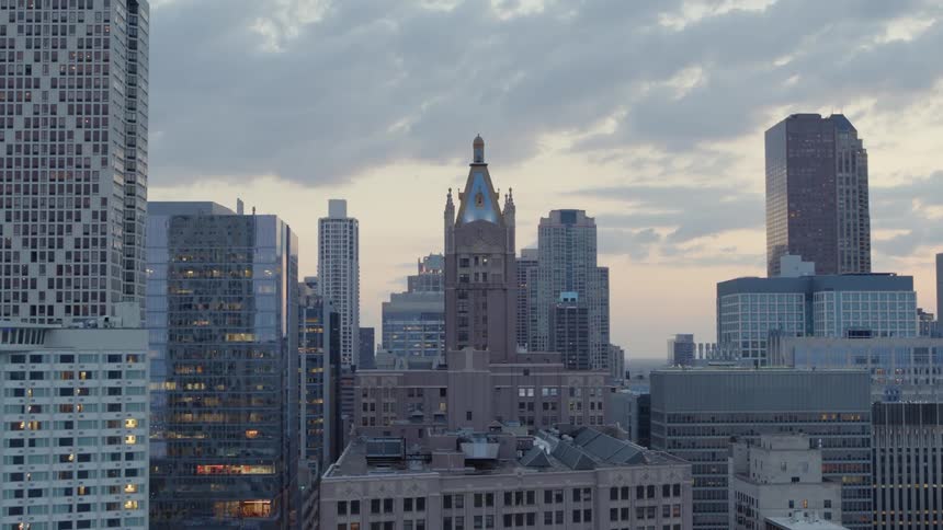 Aerial view of the tall buildings and skyscrapers in Chicago