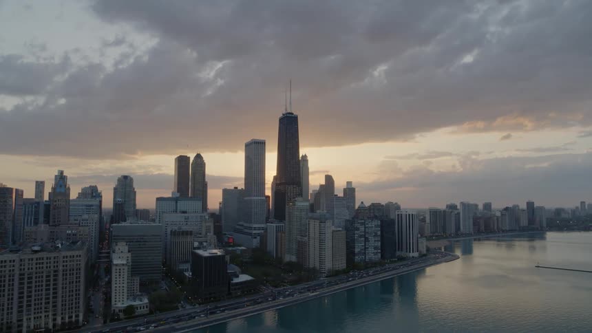 Chicago sunset skyline with flares
