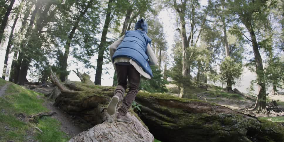 A child runs on a log in a forest