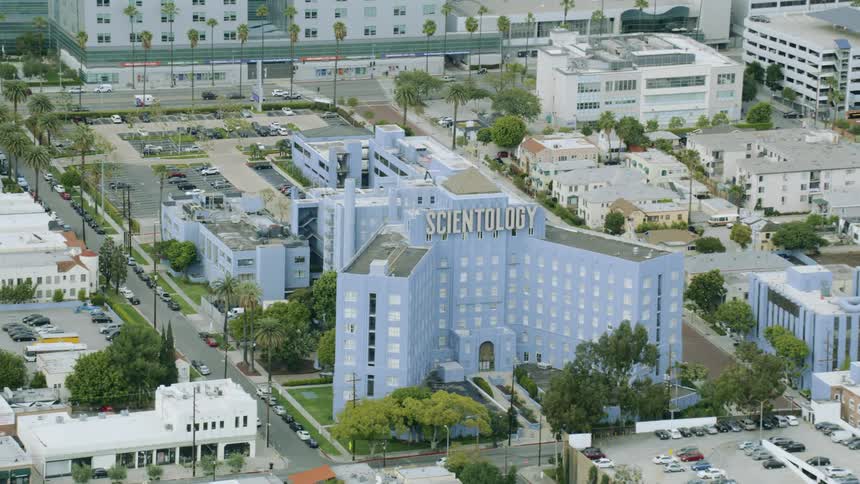 Aerial view of the Scientology Building in Los Angeles