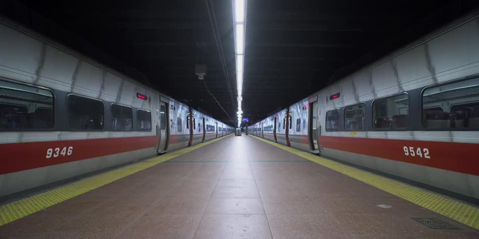 Two trains sit at the platform