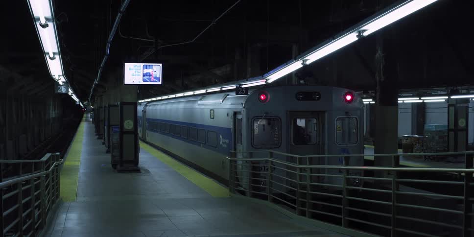 An empty train sits waiting at an empty platform